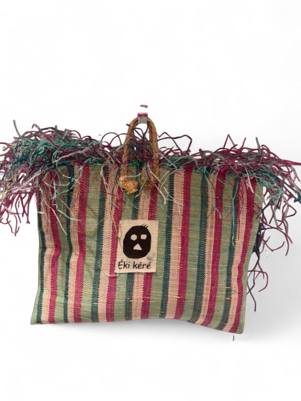 Eki Kere Woven Rafia Fringe Stripe Flat Bag